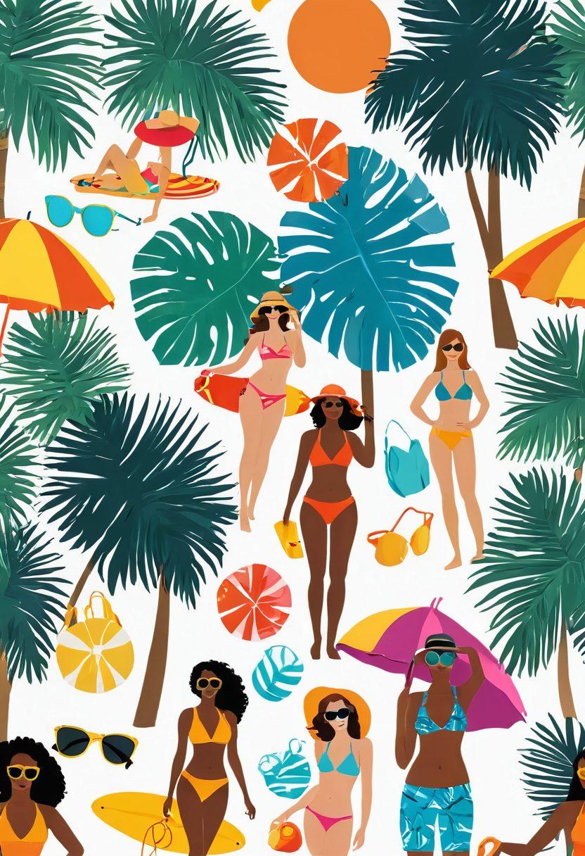 A vibrant beach scene showcasing diverse swimwear styles, with people lounging by a poolside and others enjoying the seaside. Highlight colorful swimsuits, sunglasses, and beach accessories, surrounded by tropical palm trees and a bright sun. Create a joyful atmosphere that captures the essence of summer fun. vector art. vibrant colors. white background.